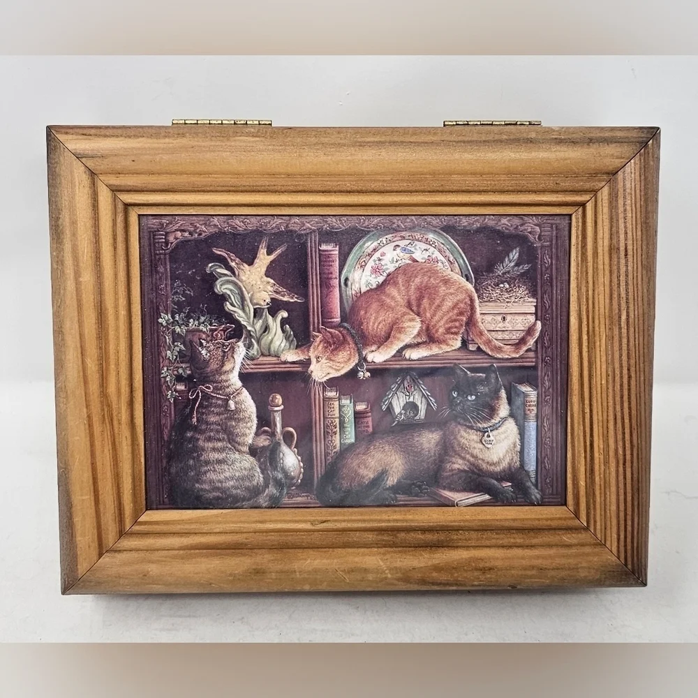 Mischief By Janet Kruskamp Print 3 Cats Handmade Solid Wood Hinged Jewelry Box